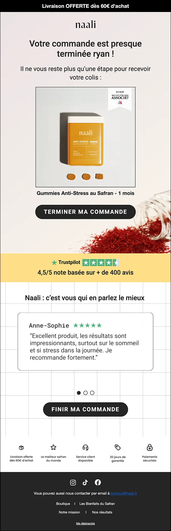 Exemple d'email de panier abandonné e-commerce : rappel du produit, réassurance Trustpilot et CTA unique Terminer ma commande