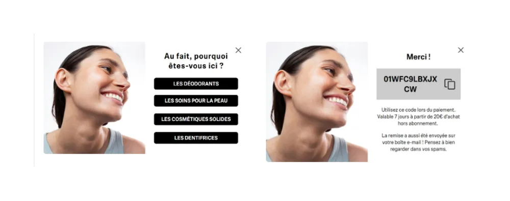 Deuxième étape d'un popup multi-step : collecte de l'adresse email après acceptation de l'offre