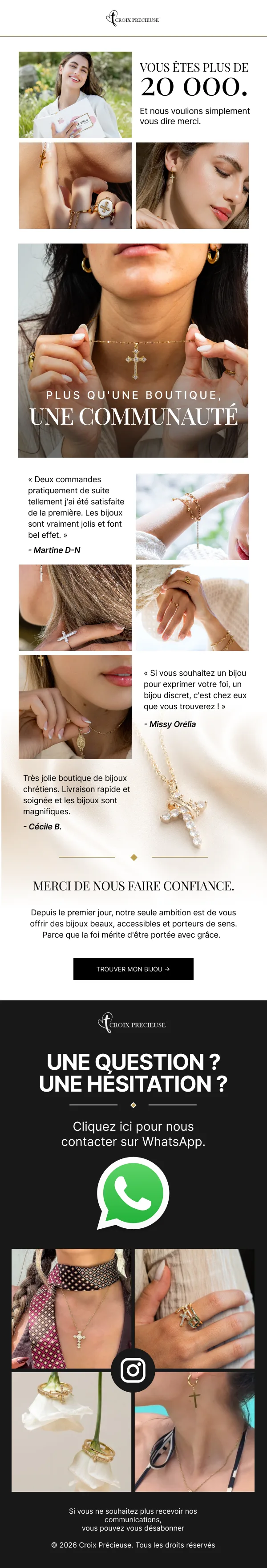 Email de marque bijouterie réalisé par Spicy Agency pour Croix Précieuse : célébration des 20 000 clientes, avis clients et contact WhatsApp